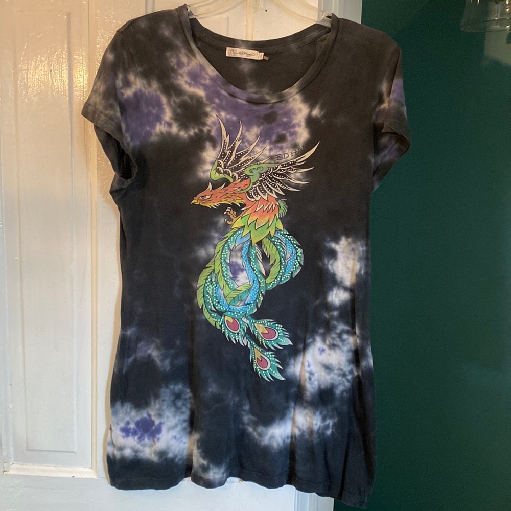 Ed Hardy Christian Audigier XL embellished black blue tie-dye tee t-shirt dragon